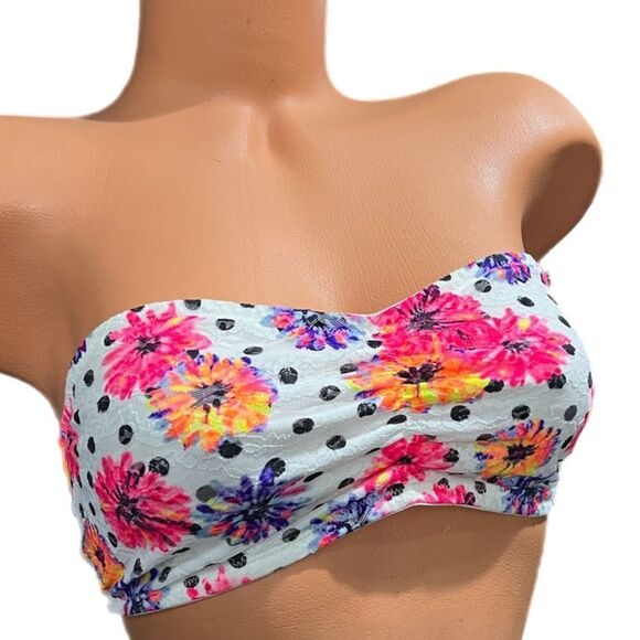 Victorias Secret Pink Strapless Ruched Lace Bandeau Bralette bra white floral L - Picture 4 of 6